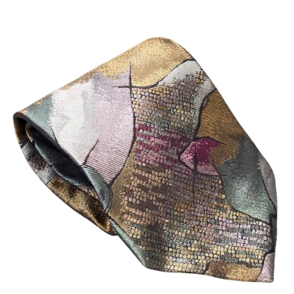 Stafford Executive Abstract Geometric Silk Tie Men's Gold Grey Green Made in USA